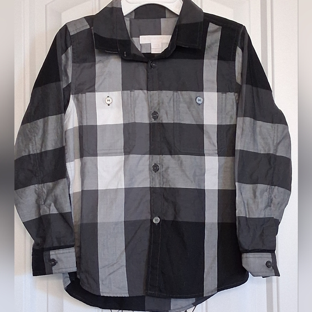 Burberry Kids Black and Gray Plaid Long Sleeved Dress Shirt